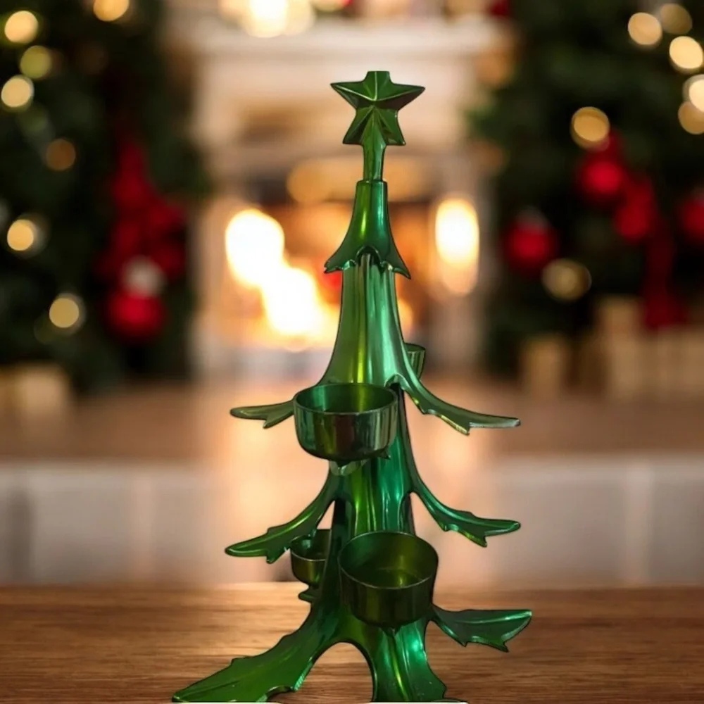 Vtg. Rare Pottery Barn 12” Green Heavy Metal Christmas Ball Candle Holder Tree